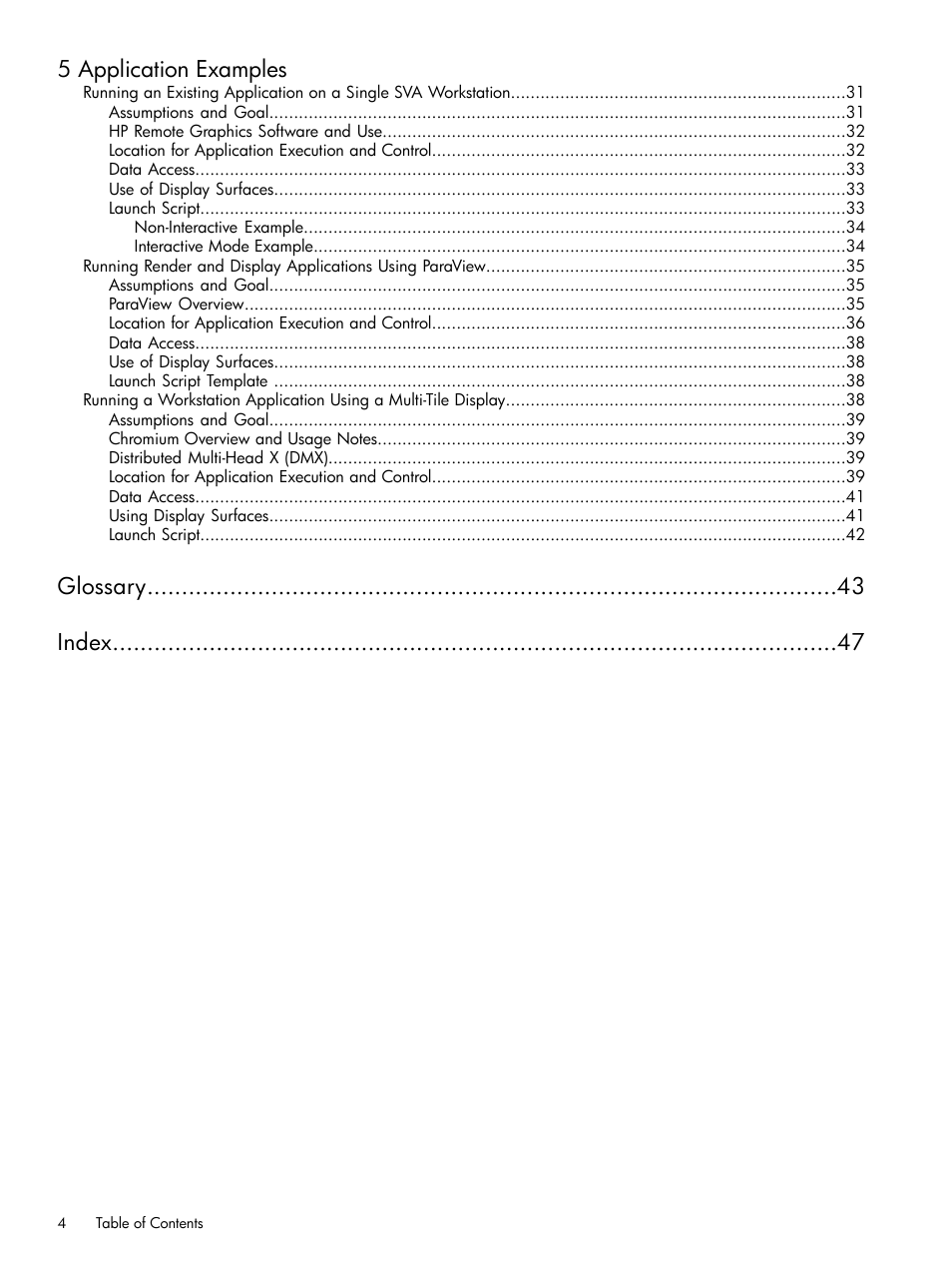 5 application examples, Glossary index | HP Scalable Visualization Array Software User Manual | Page 4 / 48