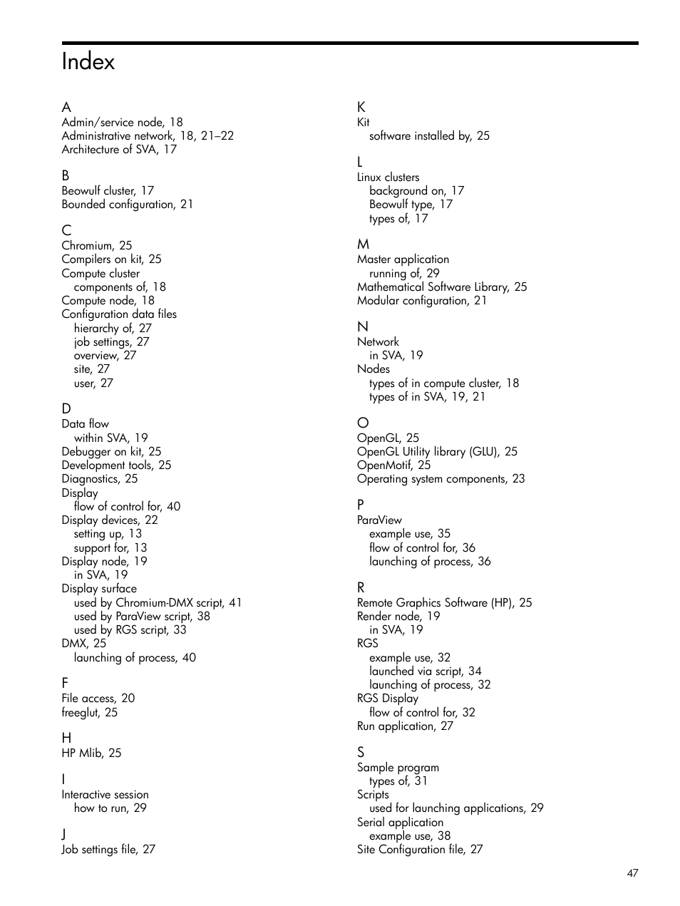 Index | HP Scalable Visualization Array Software User Manual | Page 47 / 48