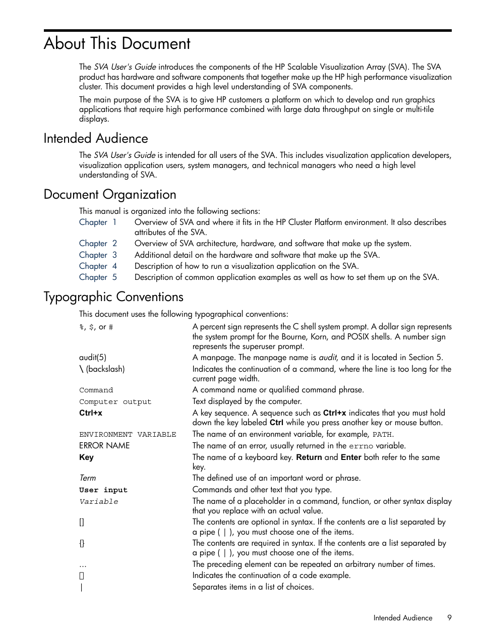 About this document, Intended audience, Document organization | Typographic conventions | HP Scalable Visualization Array Software User Manual | Page 9 / 48