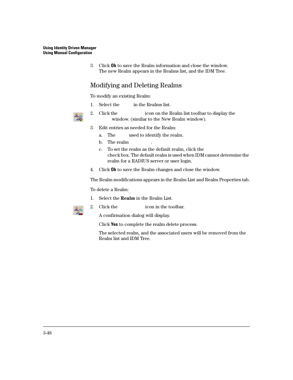 Modifying and deleting realms, Modifying and deleting realms -48 | HP Identity Driven Manager Software Series User Manual | Page 116 / 200