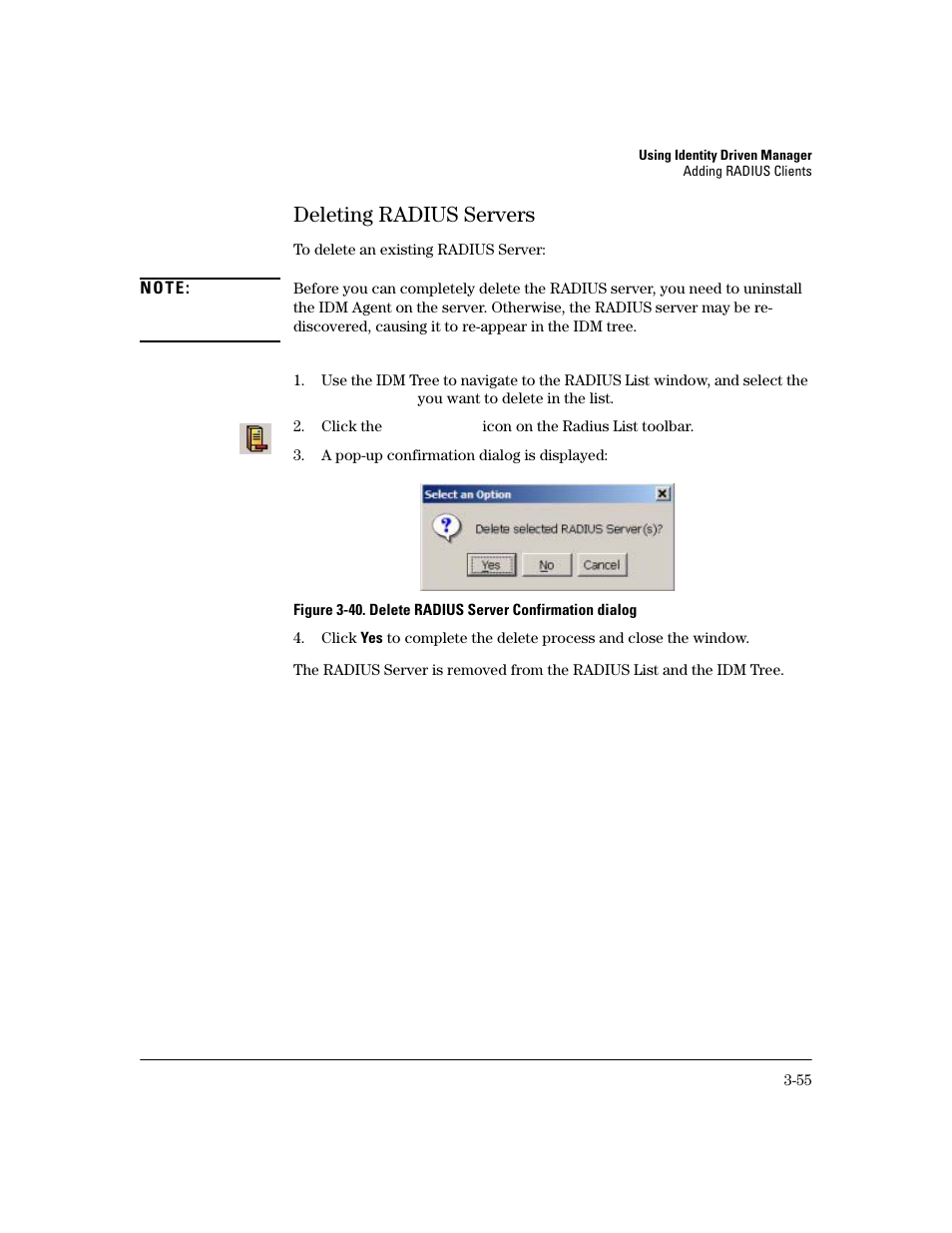 Deleting radius servers, Deleting radius servers -55 | HP Identity Driven Manager Software Series User Manual | Page 123 / 200