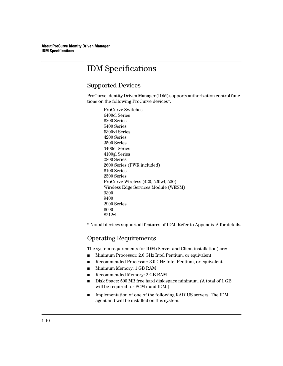 Idm specifications, Supported devices, Operating requirements | Supported devices -10, Operating requirements -10, Supported devices -10 operating requirements -10 | HP Identity Driven Manager Software Series User Manual | Page 16 / 200