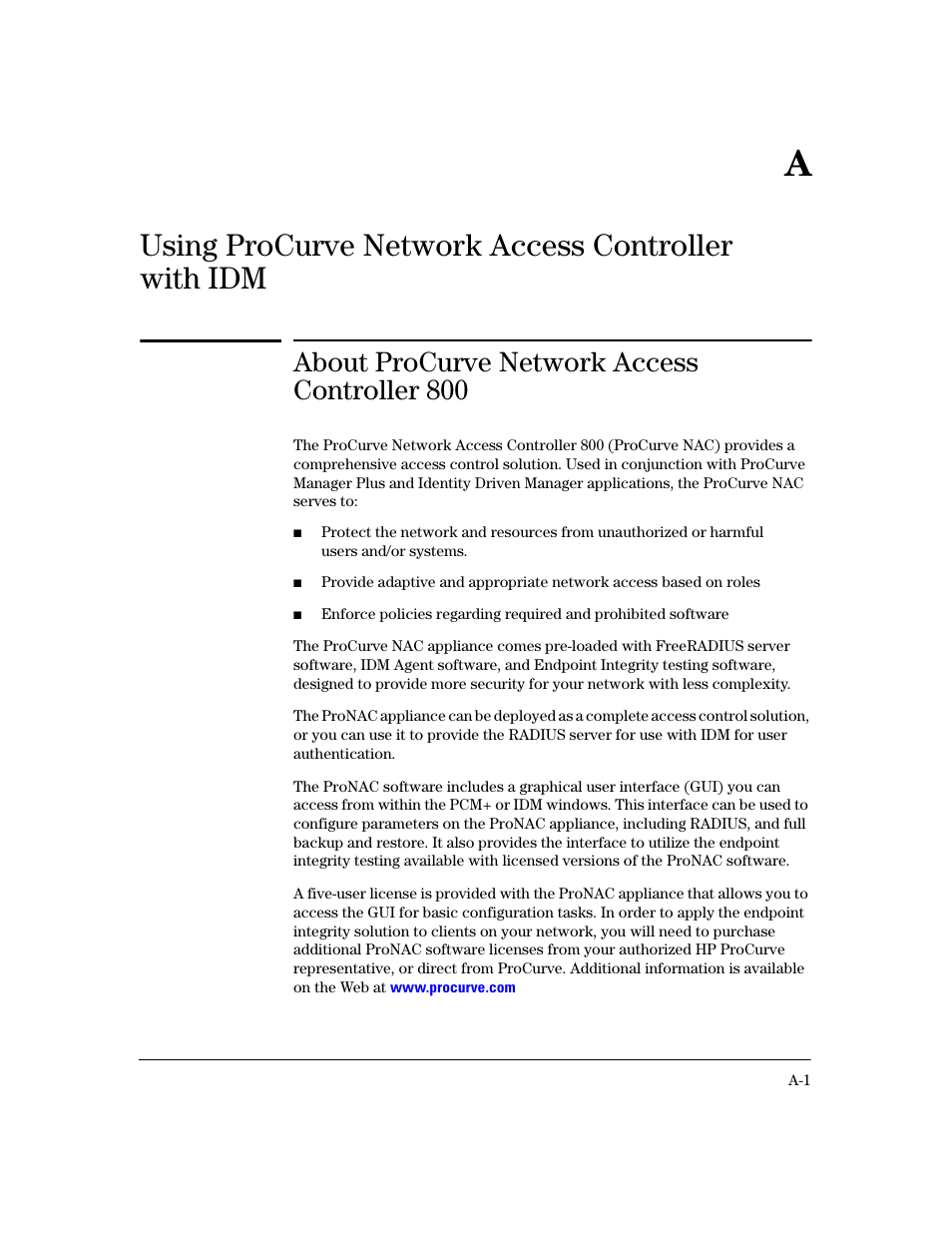 Using procurve network access controller with idm, About procurve network access controller 800 | HP Identity Driven Manager Software Series User Manual | Page 181 / 200