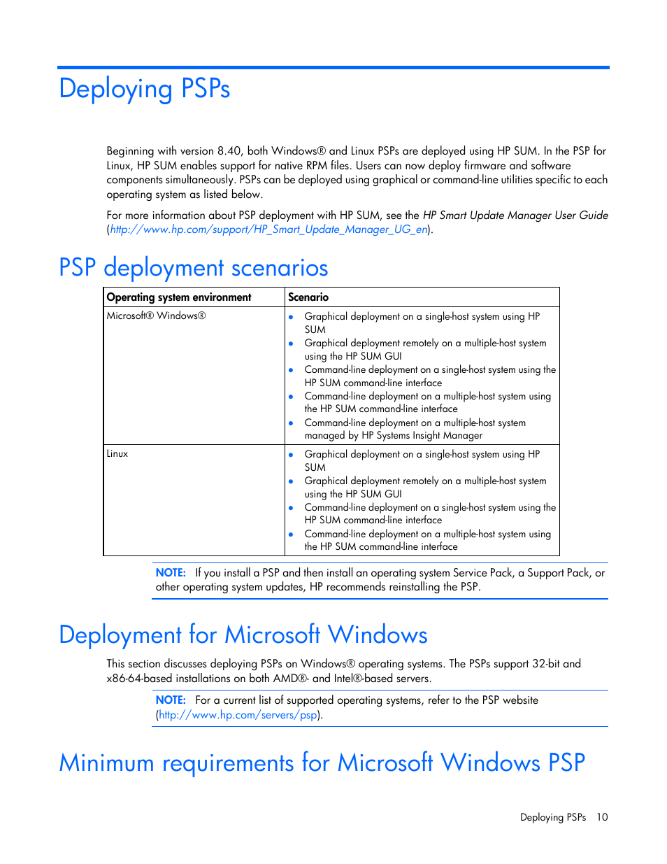 Deploying psps, Psp deployment scenarios, Deployment for microsoft windows | Minimum requirements for microsoft windows psp | HP ProLiant Support Pack User Manual | Page 10 / 44