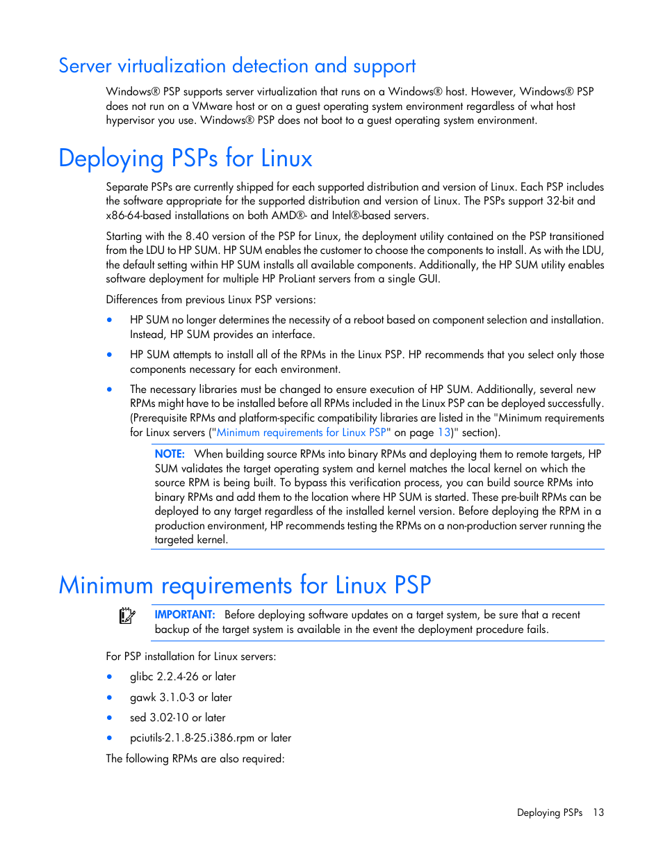 Server virtualization detection and support, Deploying psps for linux, Minimum requirements for linux psp | HP ProLiant Support Pack User Manual | Page 13 / 44