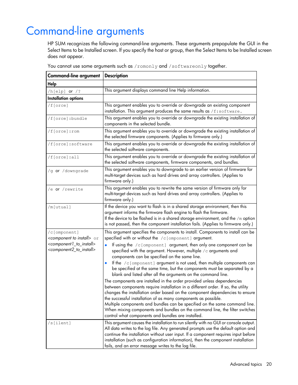 Command-line arguments | HP ProLiant Support Pack User Manual | Page 20 / 44