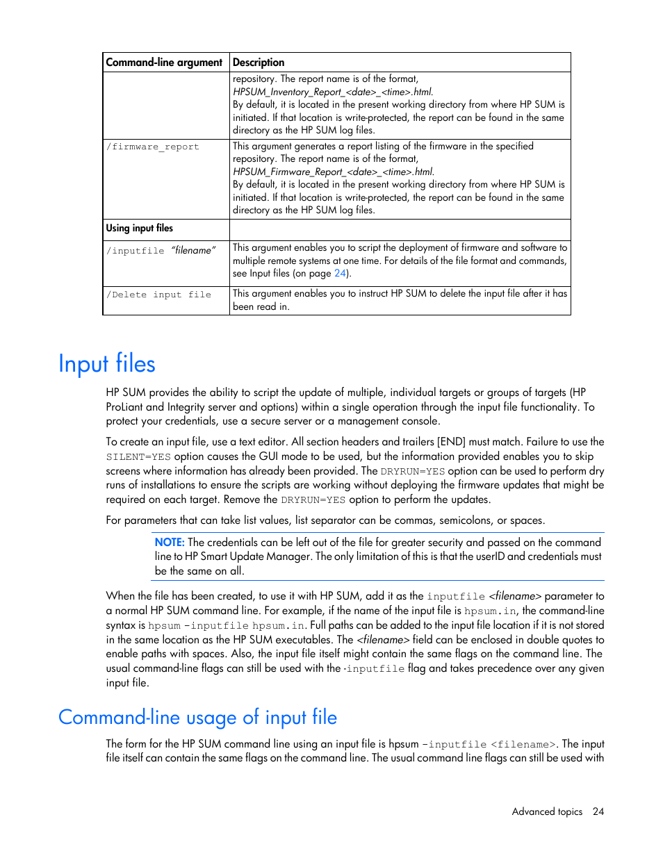 Input files, Command-line usage of input file | HP ProLiant Support Pack User Manual | Page 24 / 44