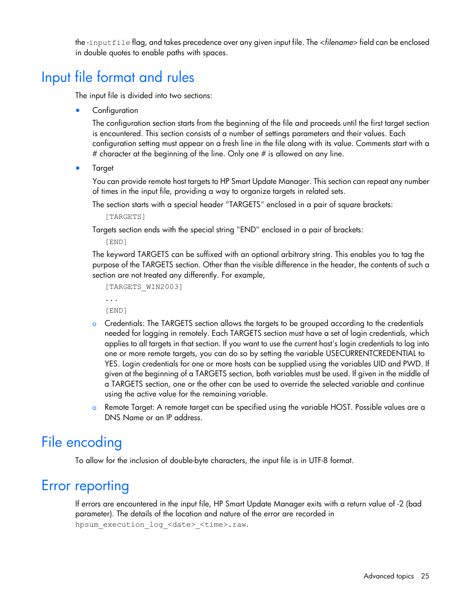 Input file format and rules, File encoding, Error reporting | HP ProLiant Support Pack User Manual | Page 25 / 44