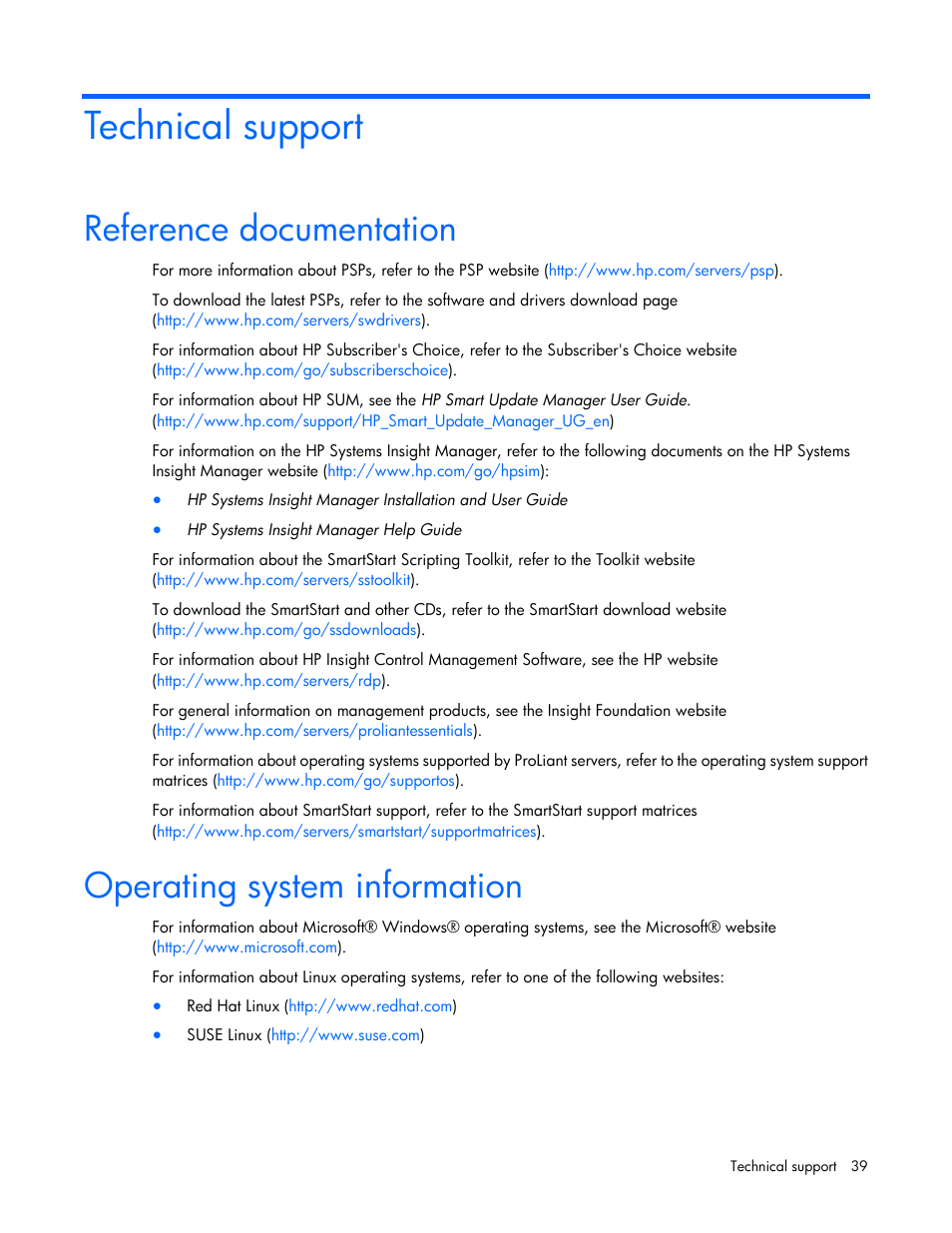 Technical support, Reference documentation, Operating system information | HP ProLiant Support Pack User Manual | Page 39 / 44