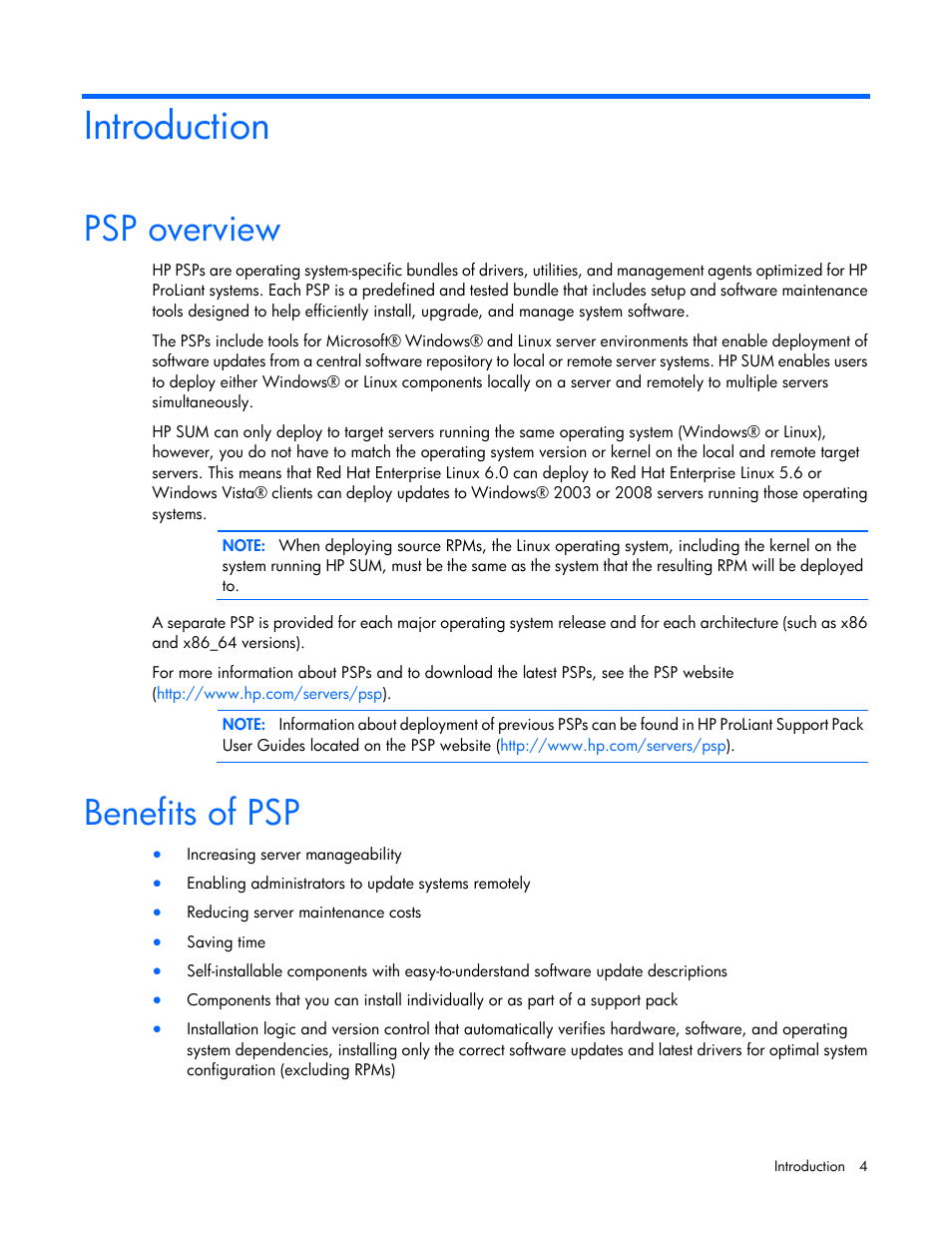 Introduction, Psp overview, Benefits of psp | HP ProLiant Support Pack User Manual | Page 4 / 44