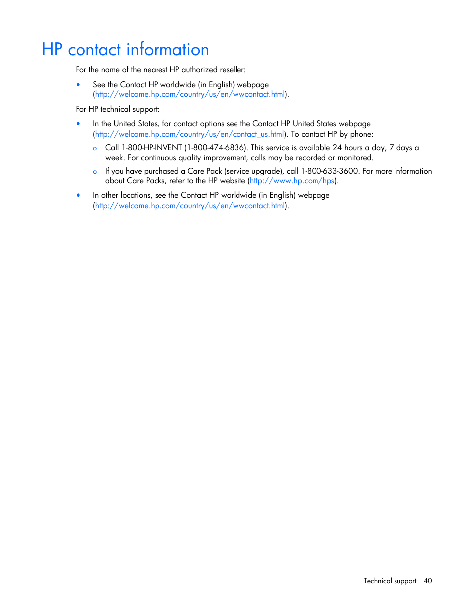 Hp contact information | HP ProLiant Support Pack User Manual | Page 40 / 44