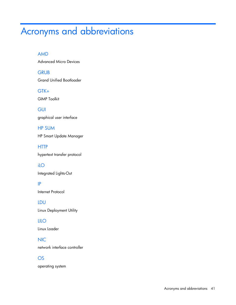 Acronyms and abbreviations | HP ProLiant Support Pack User Manual | Page 41 / 44