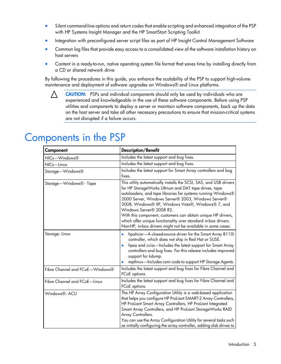 Components in the psp | HP ProLiant Support Pack User Manual | Page 5 / 44