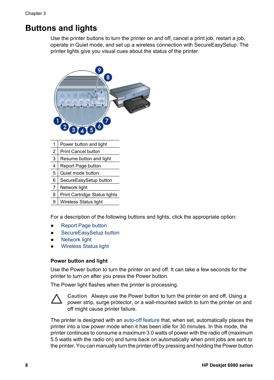 Buttons and lights, Button | HP Deskjet 6988dt Printer User Manual | Page 10 / 154