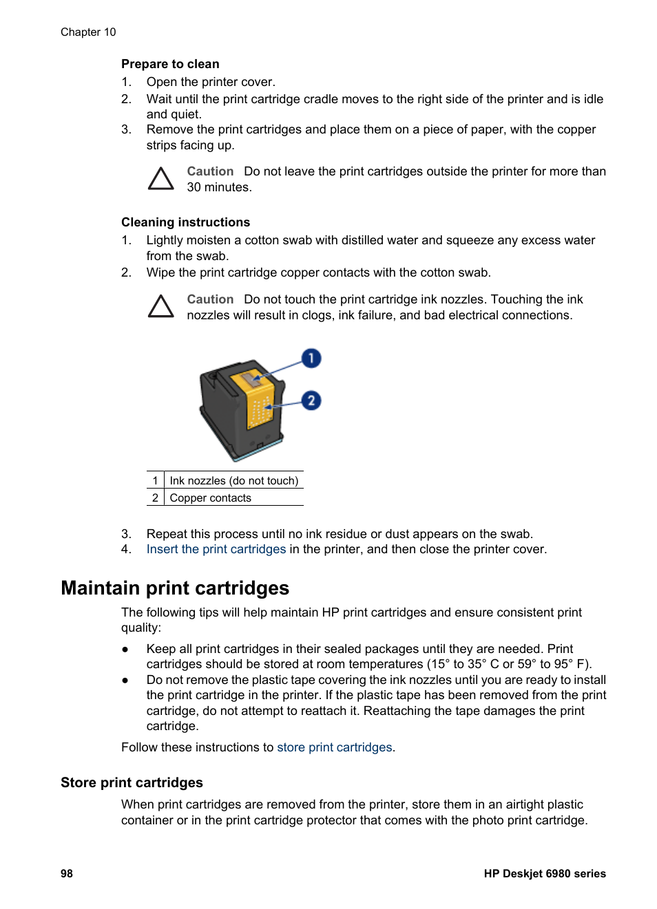 Maintain print cartridges, Store print cartridges, Guidelines | Print cartridge storage guidelines | HP Deskjet 6988dt Printer User Manual | Page 100 / 154