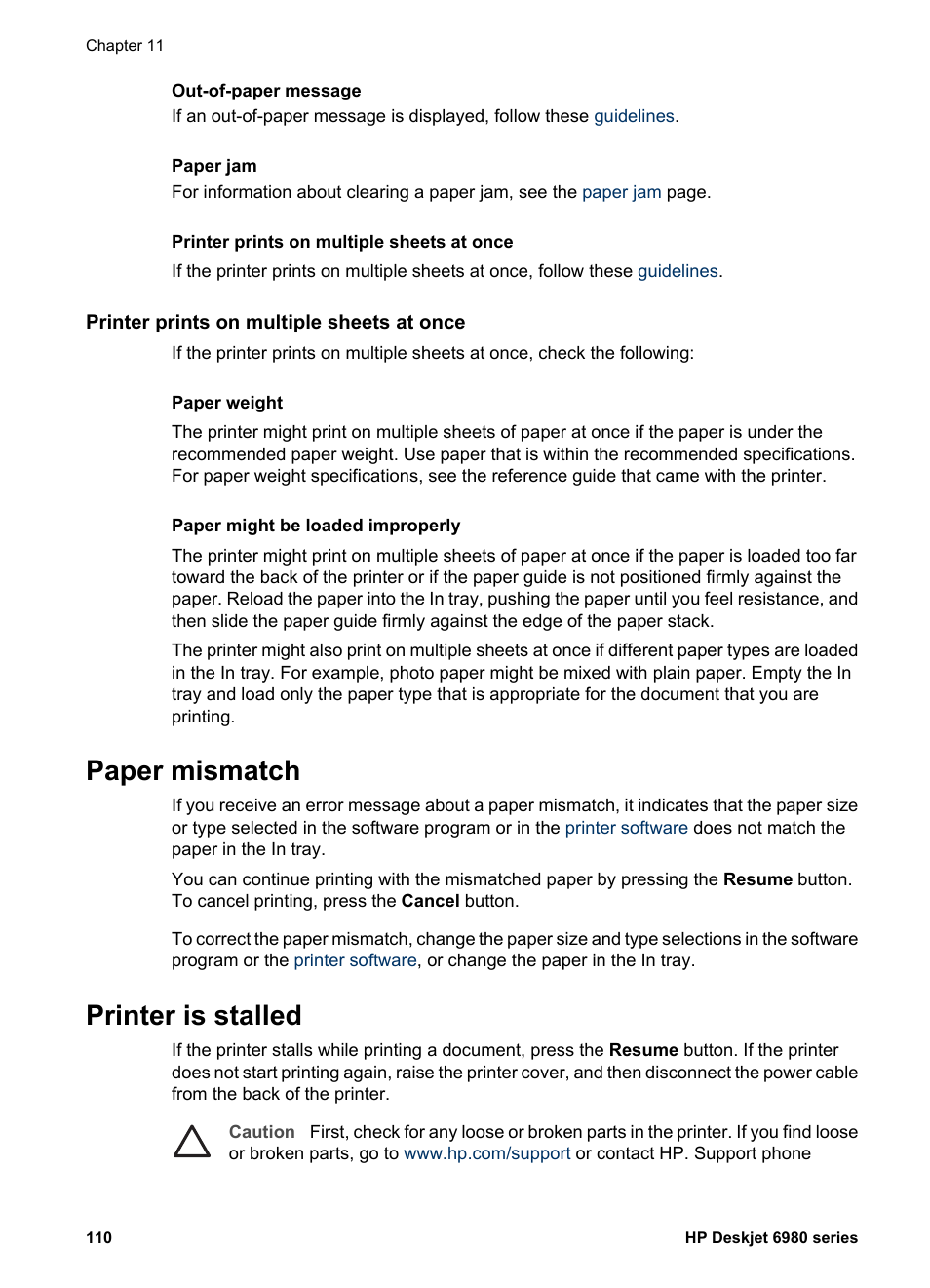 Printer prints on multiple sheets at once, Paper mismatch, Printer is stalled | Paper mismatch printer is stalled | HP Deskjet 6988dt Printer User Manual | Page 112 / 154