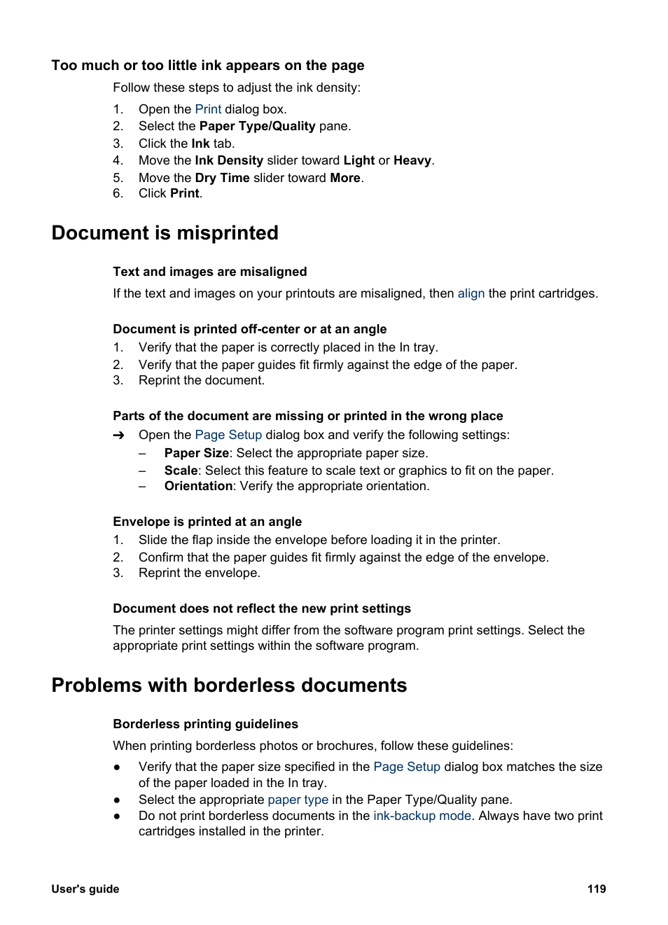 Document is misprinted, Problems with borderless documents, Follow these instructions | HP Deskjet 6988dt Printer User Manual | Page 121 / 154