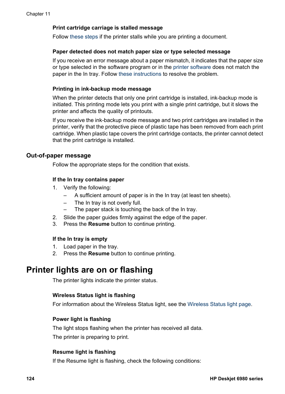 Out-of-paper message, Printer lights are on or flashing, Guidelines | HP Deskjet 6988dt Printer User Manual | Page 126 / 154