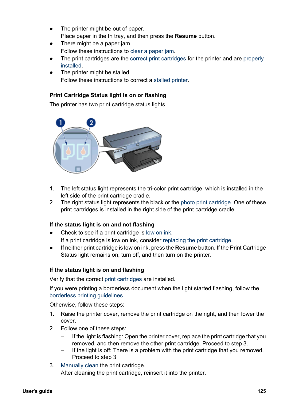 Print cartridge status light is on or flashing | HP Deskjet 6988dt Printer User Manual | Page 127 / 154