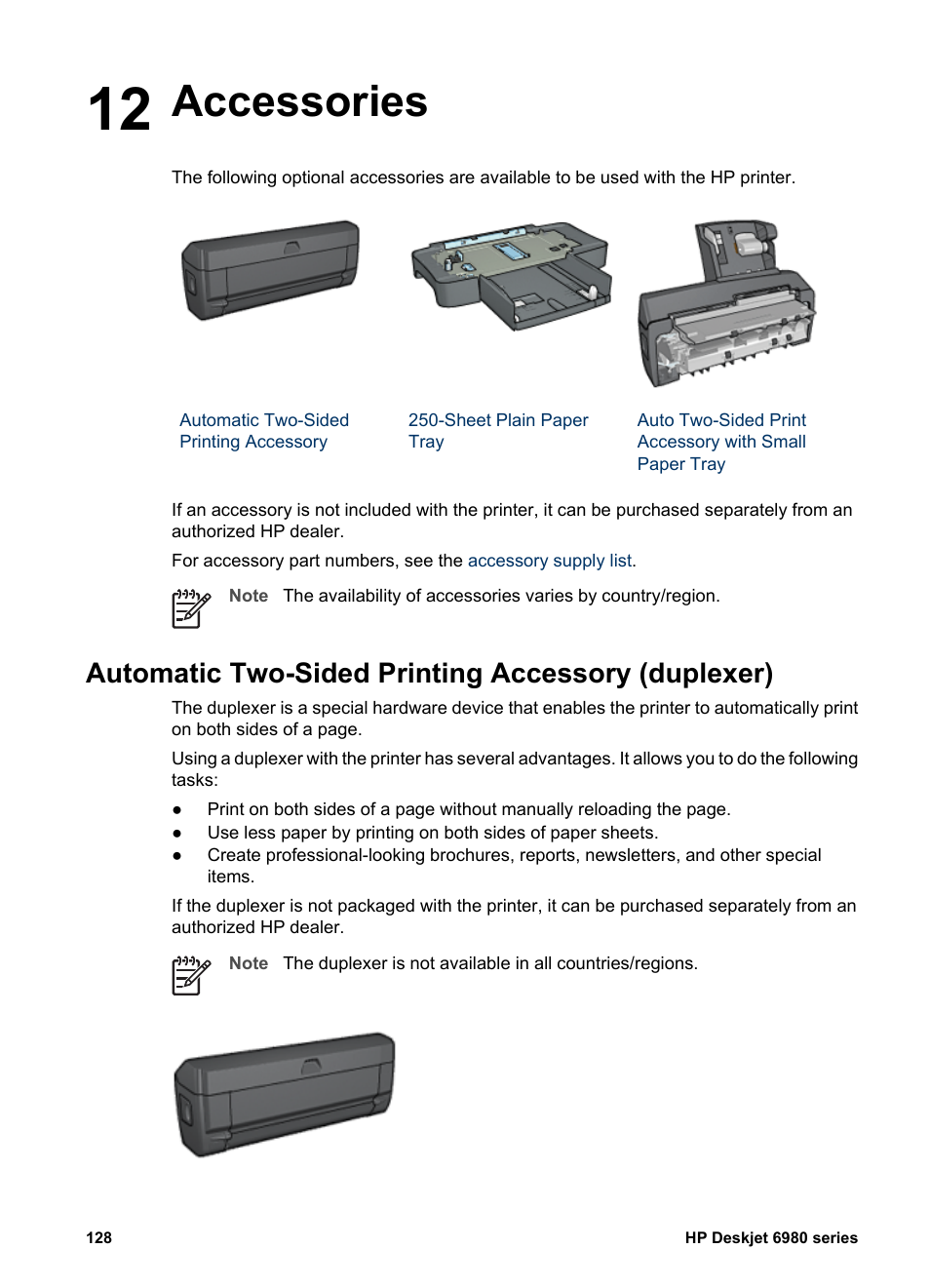 Accessories, Automatic two-sided printing accessory (duplexer), 12 accessories | Optional accessories, Automatic, Two-sided printing accessory, Automatic two-sided printing accessory | HP Deskjet 6988dt Printer User Manual | Page 130 / 154