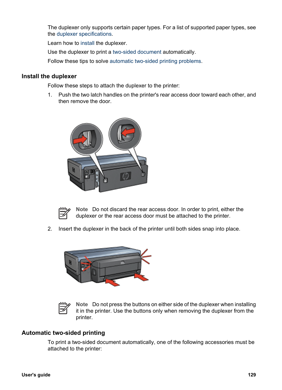 Install the duplexer, Automatic two-sided printing, Two-sided document | HP Deskjet 6988dt Printer User Manual | Page 131 / 154