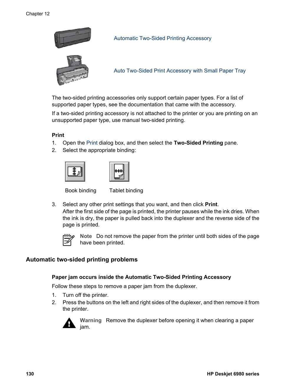 Automatic two-sided printing problems, Accessory | HP Deskjet 6988dt Printer User Manual | Page 132 / 154