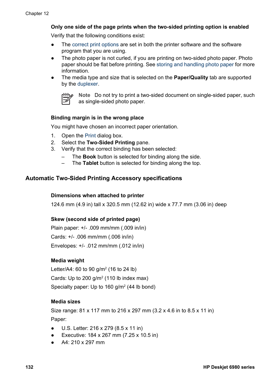 Duplexer specifications | HP Deskjet 6988dt Printer User Manual | Page 134 / 154