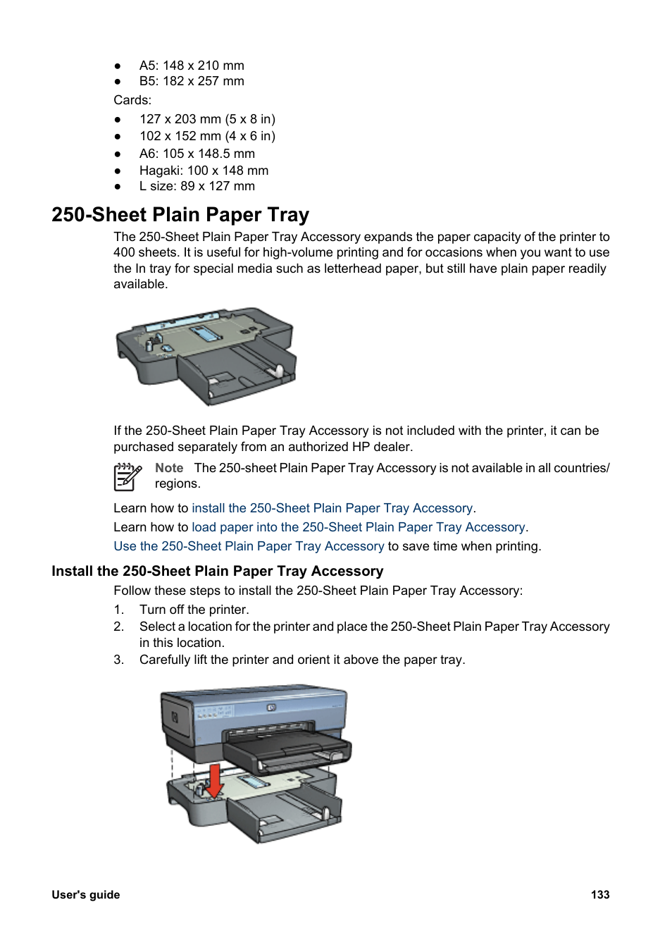 Sheet plain paper tray, Install the 250-sheet plain paper tray accessory, Sheet plain | Paper tray accessory, Sheet plain paper tray accessory | HP Deskjet 6988dt Printer User Manual | Page 135 / 154