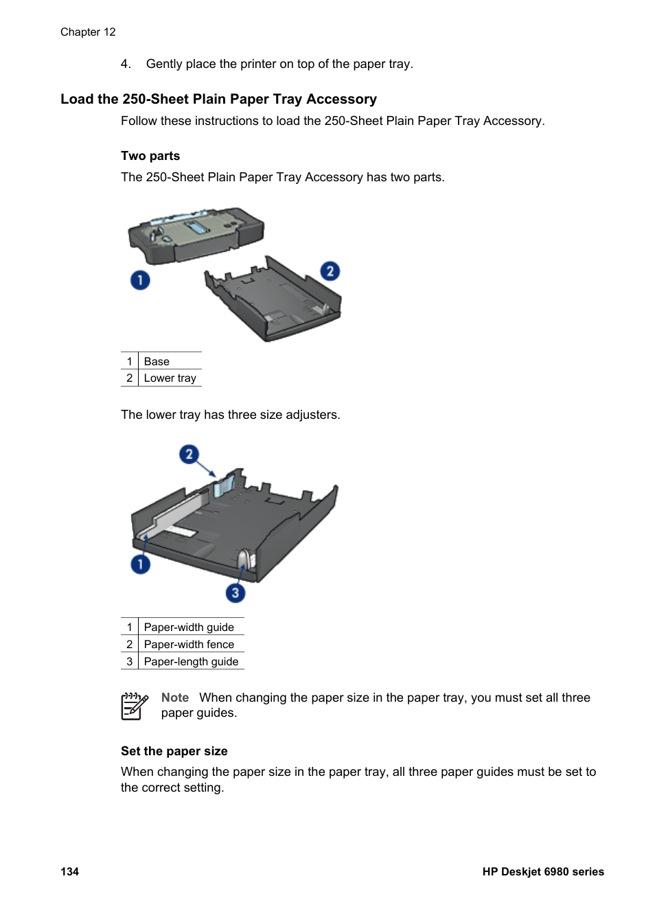 Load the 250-sheet plain paper tray accessory | HP Deskjet 6988dt Printer User Manual | Page 136 / 154