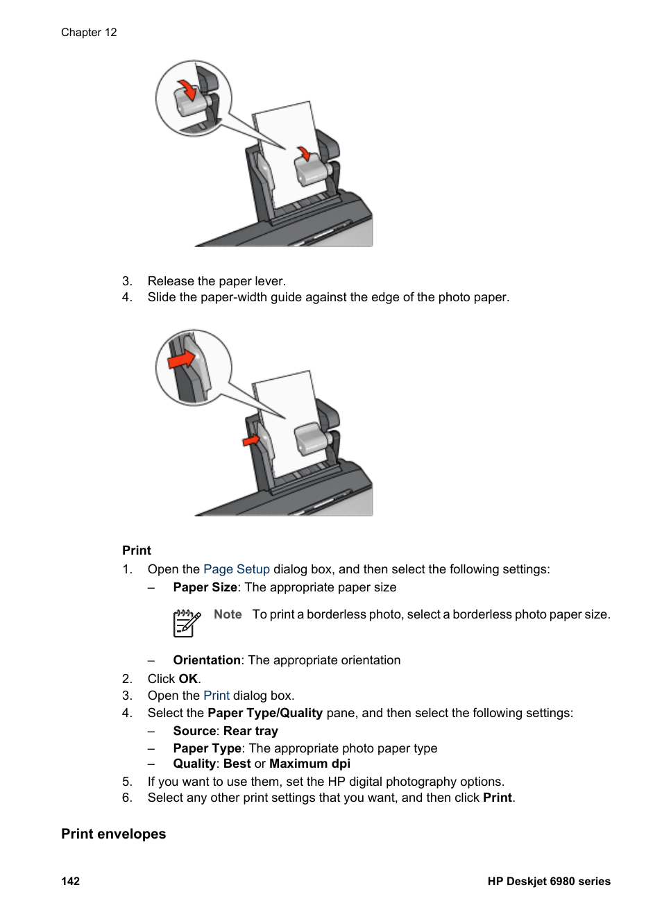 Print envelopes, Envelopes | HP Deskjet 6988dt Printer User Manual | Page 144 / 154