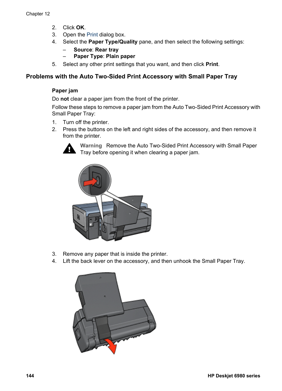 Steps to clear a paper jam auto, Two-sided print accessory with small paper tray, Printing problems | HP Deskjet 6988dt Printer User Manual | Page 146 / 154