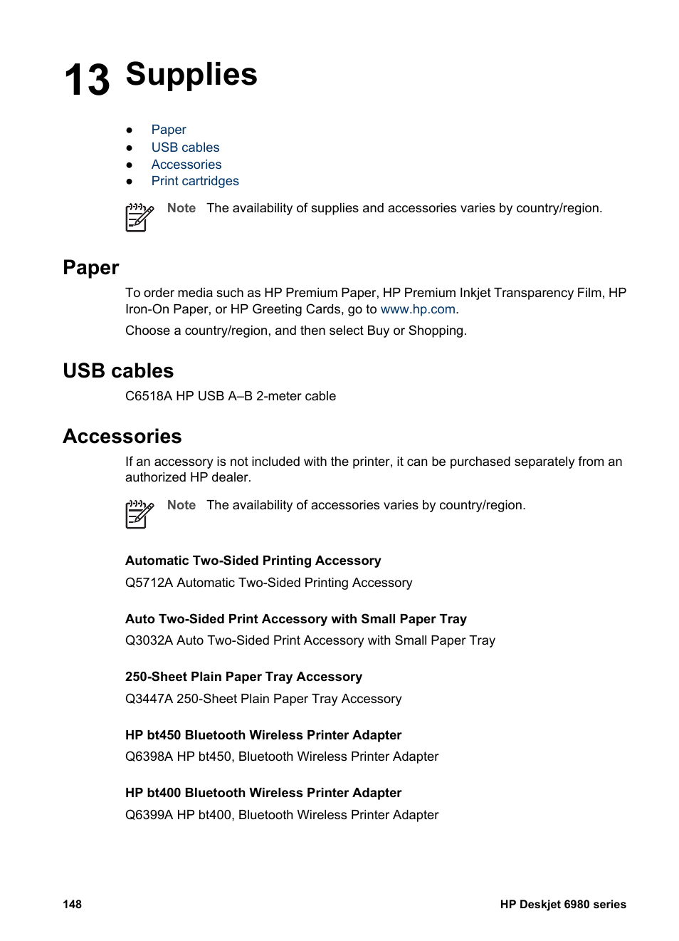 Supplies, Paper, Usb cables | Accessories, 13 supplies, Paper usb cables accessories, Accessory supply list | HP Deskjet 6988dt Printer User Manual | Page 150 / 154