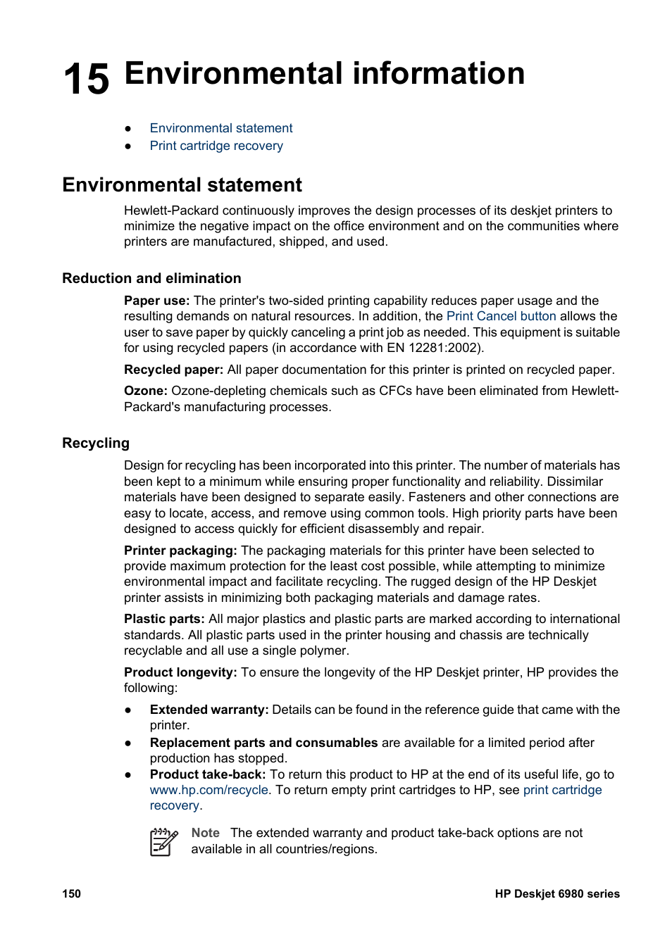 Environmental information, Environmental statement, Reduction and elimination | Recycling, 15 environmental information | HP Deskjet 6988dt Printer User Manual | Page 152 / 154