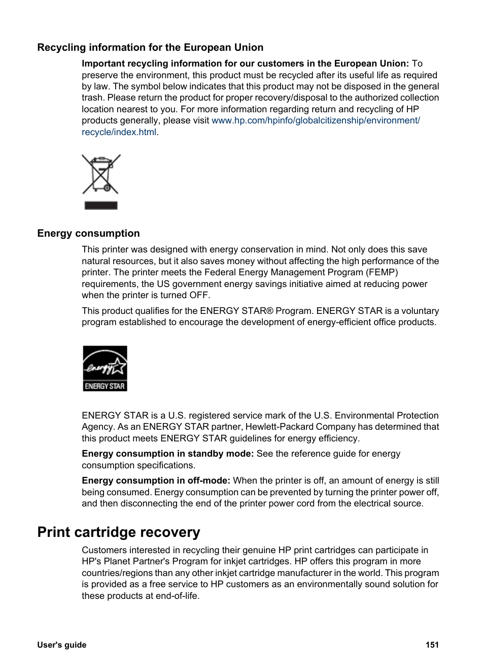 Recycling information for the european union, Energy consumption, Print cartridge recovery | Femp, Print cartridge, Recovery | HP Deskjet 6988dt Printer User Manual | Page 153 / 154