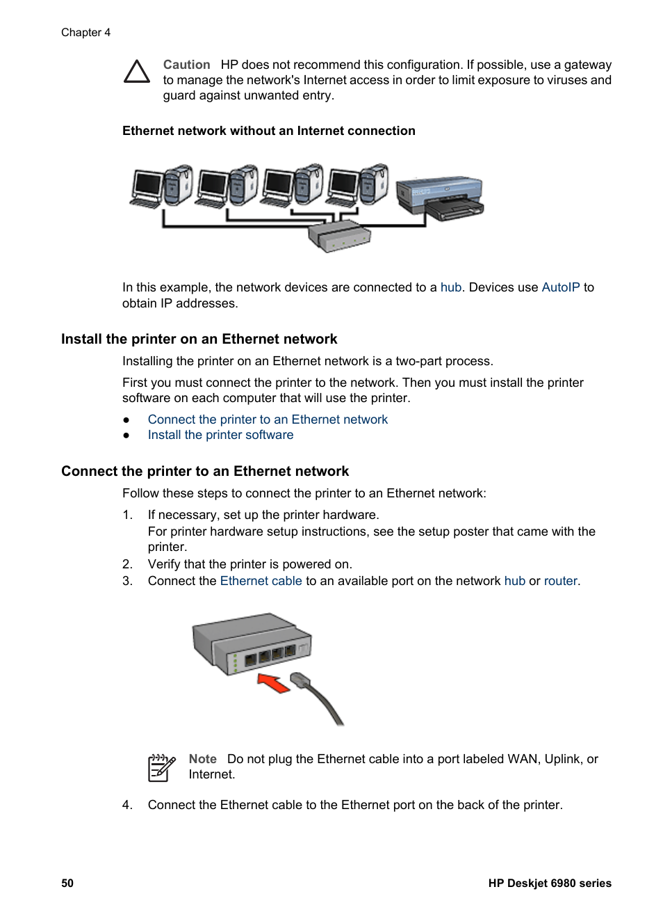 Install the printer on an ethernet network, Connect the printer to an ethernet network, Ethernet network installation | Instructions, Ethernet installation instructions | HP Deskjet 6988dt Printer User Manual | Page 52 / 154