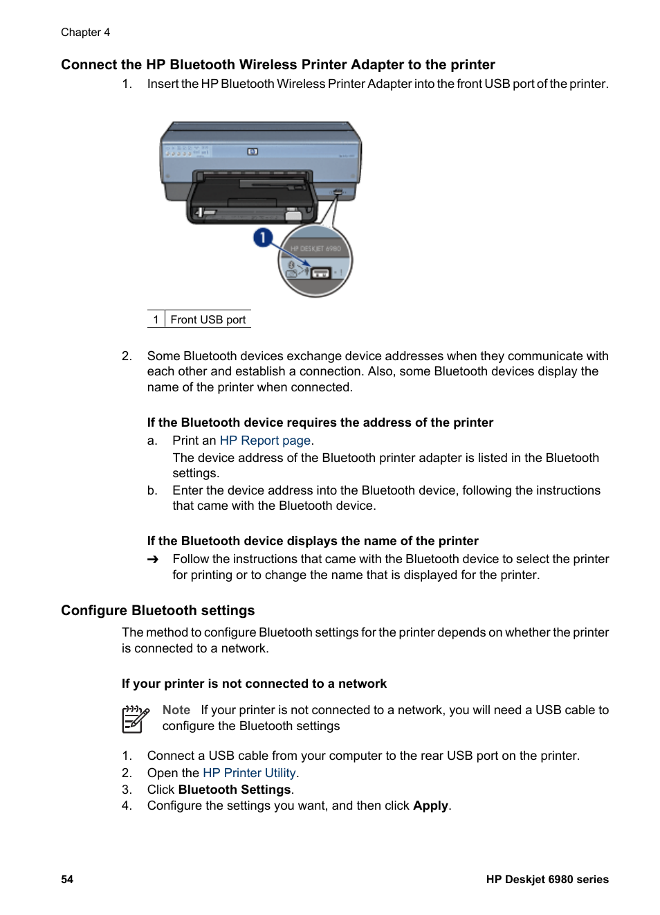 Configure bluetooth settings, Bluetooth settings | HP Deskjet 6988dt Printer User Manual | Page 56 / 154