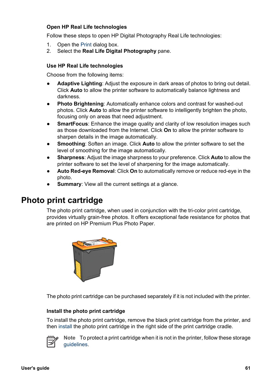 Photo print cartridge, Photo print, Cartridge | Hp real life, Technologies | HP Deskjet 6988dt Printer User Manual | Page 63 / 154