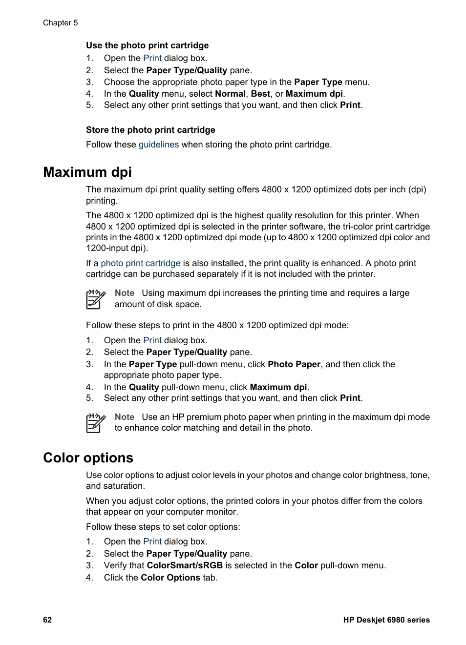 Maximum dpi, Color options, Maximum dpi color options | HP Deskjet 6988dt Printer User Manual | Page 64 / 154