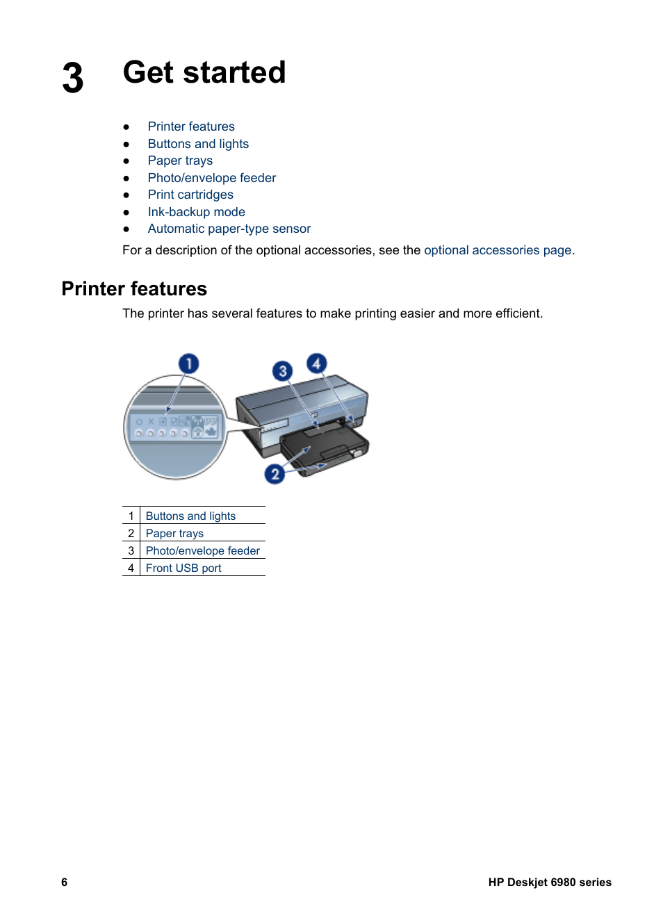Get started, Printer features, Get started printer features | HP Deskjet 6988dt Printer User Manual | Page 8 / 154
