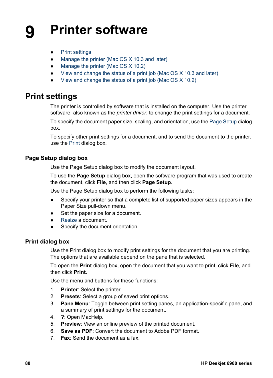 Printer software, Print settings, Print dialog box | Printer software print settings, Print | HP Deskjet 6988dt Printer User Manual | Page 90 / 154