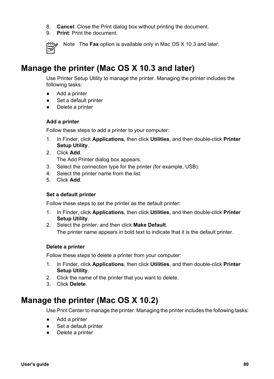 Manage the printer (mac os x 10.3 and later), Manage the printer (mac os x 10.2) | HP Deskjet 6988dt Printer User Manual | Page 91 / 154