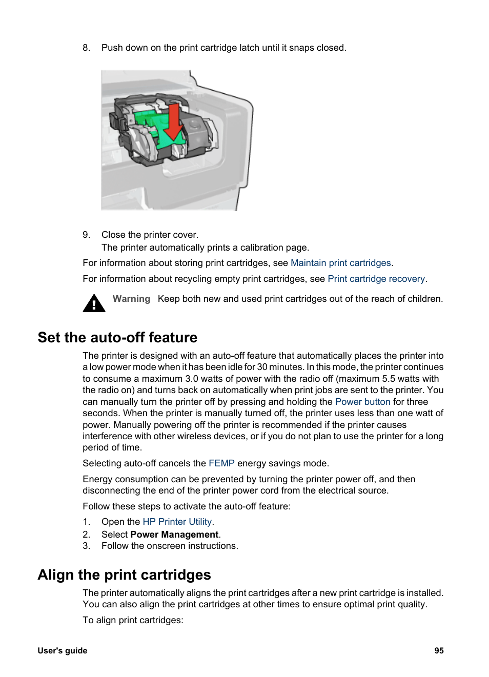 Set the auto-off feature, Align the print cartridges, Auto-off feature | HP Deskjet 6988dt Printer User Manual | Page 97 / 154