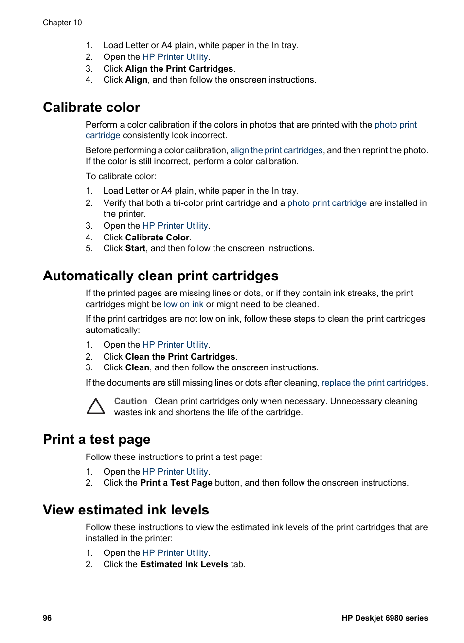 Calibrate color, Automatically clean print cartridges, View estimated ink levels | Print a test page | HP Deskjet 6988dt Printer User Manual | Page 98 / 154