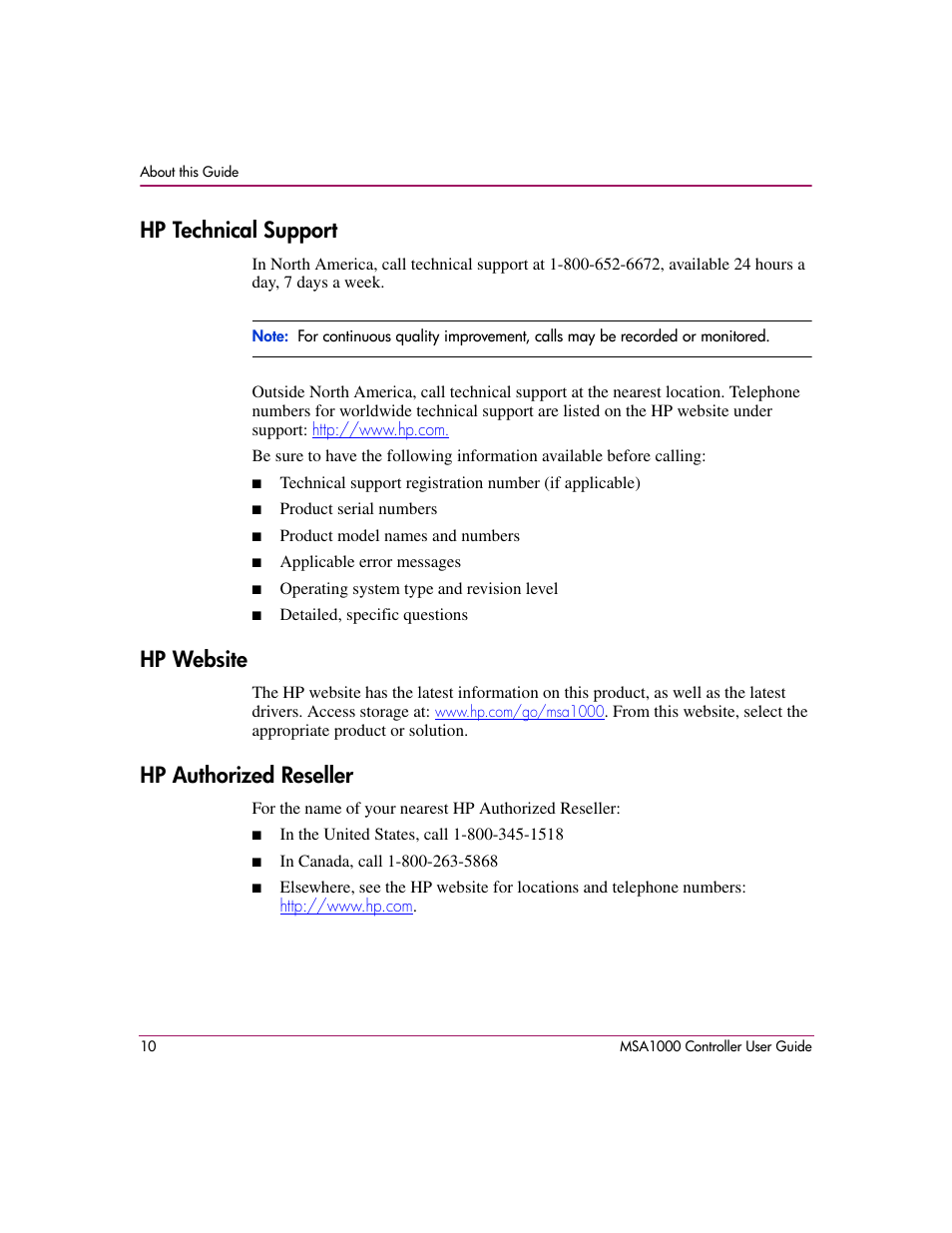 Hp technical support, Hp website, Hp authorized reseller | HP StorageWorks 1000 Modular Smart Array User Manual | Page 10 / 72