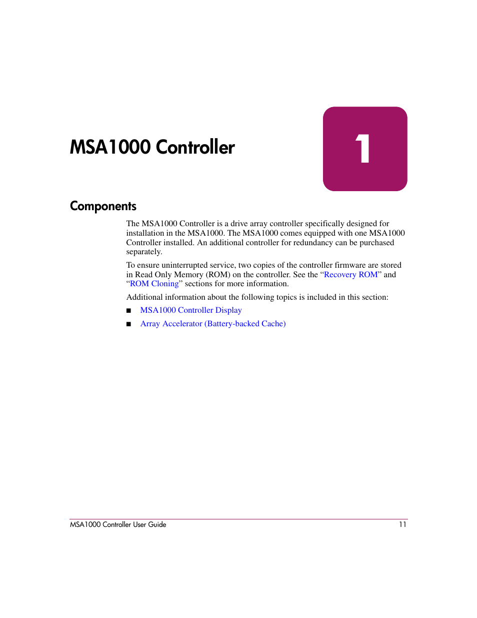 Msa1000 controller, Components, 1 msa1000 controller | HP StorageWorks 1000 Modular Smart Array User Manual | Page 11 / 72