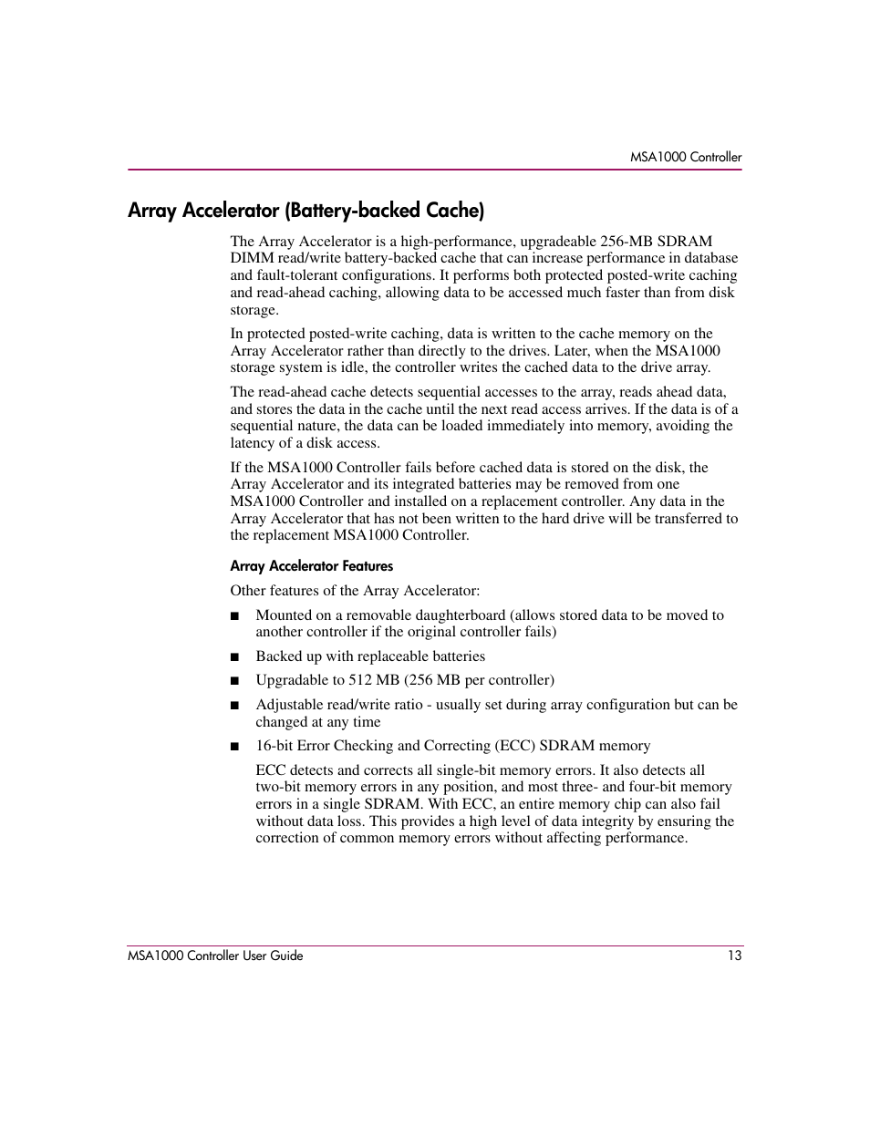 Array accelerator (battery-backed cache), Array accelerator features | HP StorageWorks 1000 Modular Smart Array User Manual | Page 13 / 72