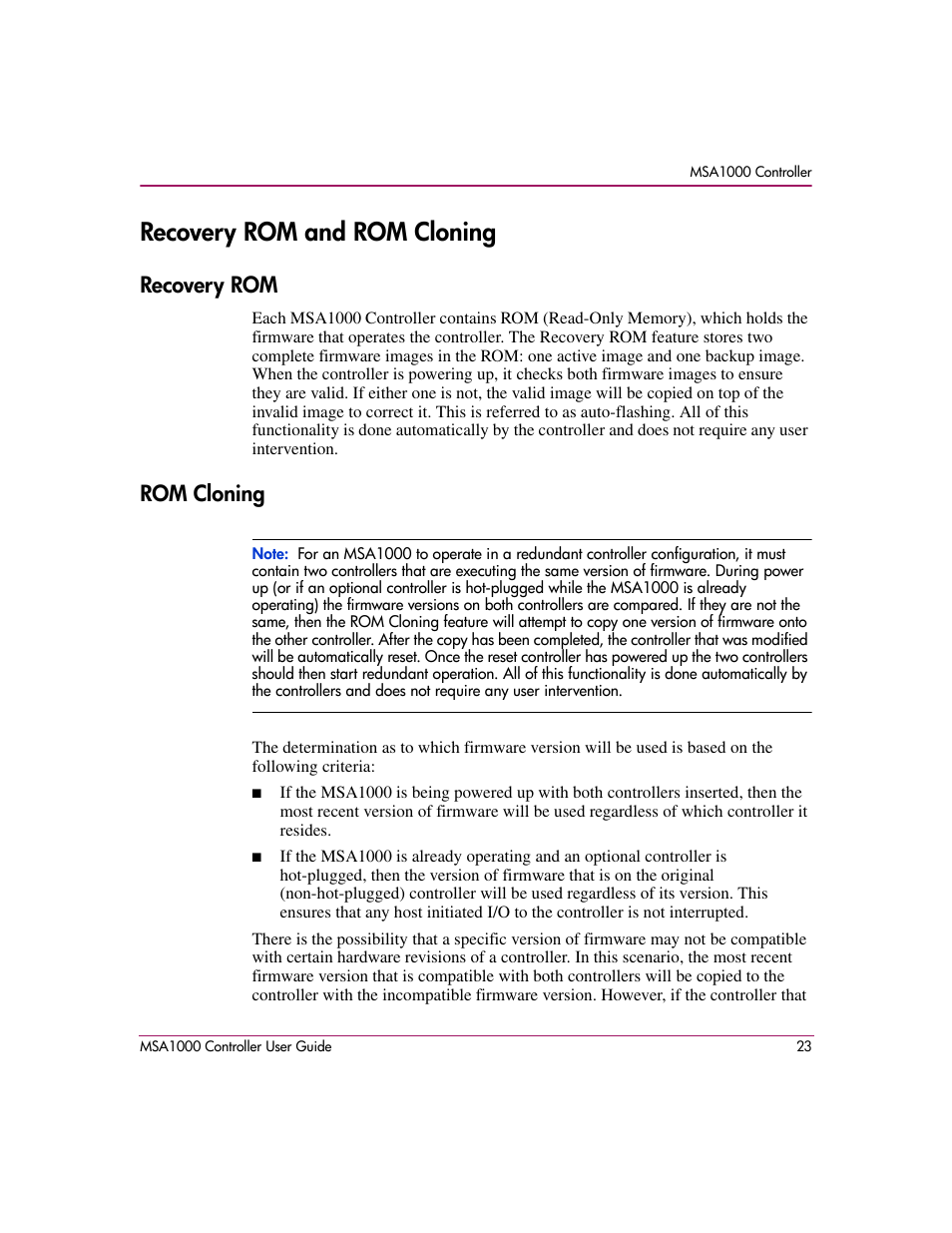 Recovery rom and rom cloning, Recovery rom, Rom cloning | Recovery rom rom cloning, See the, Sections for more information | HP StorageWorks 1000 Modular Smart Array User Manual | Page 23 / 72