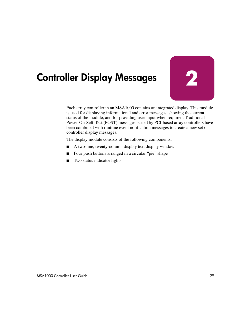 Controller display messages, 2 controller display messages, Controller | Display messages | HP StorageWorks 1000 Modular Smart Array User Manual | Page 29 / 72