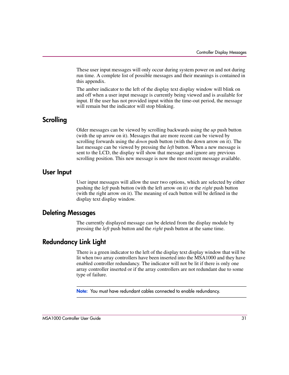 Scrolling, User input, Deleting messages | Redundancy link light | HP StorageWorks 1000 Modular Smart Array User Manual | Page 31 / 72