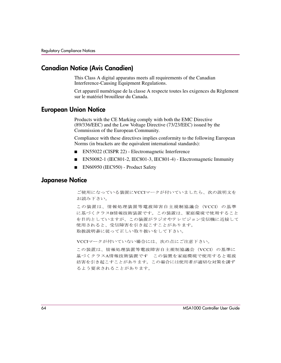 Canadian notice (avis canadien), European union notice, Japanese notice | HP StorageWorks 1000 Modular Smart Array User Manual | Page 64 / 72